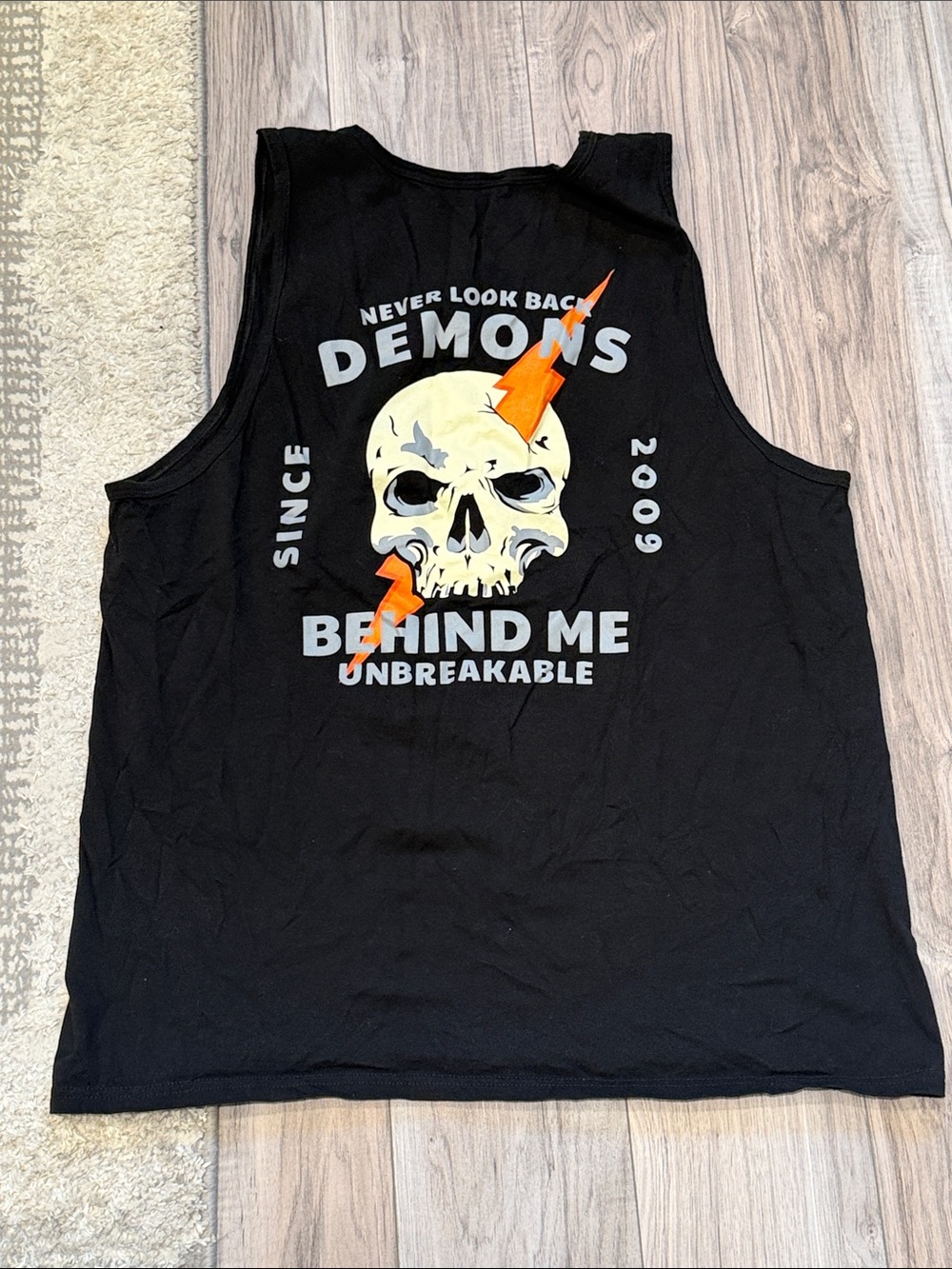 Demons Behind Me Men's Black Graphic Tank Top with Skull & Lightning Print